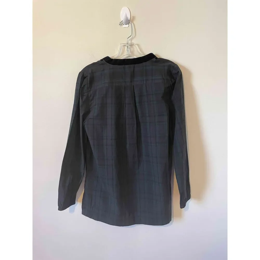J. Crew Plaid Velvet Christmas Tunic Blouse Green Navy Blue Size Small NEW
